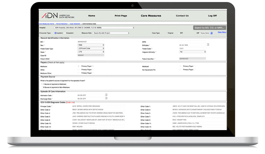 Core Measures Application data sheets displayed on a laptop computer