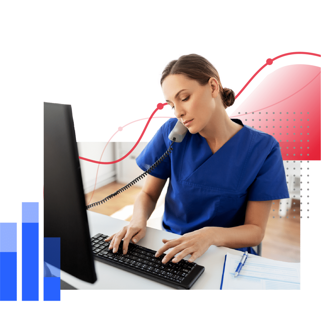 Woman in scrubs working in front of a computer while on the phone