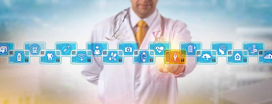 A physician accesses a medical record in a secure blockchain