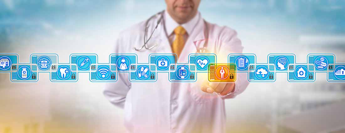 A physician accesses a medical record in a secure blockchain