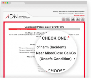 Near Miss/Close Call incident options on the Confidential Patient Safety Event Form